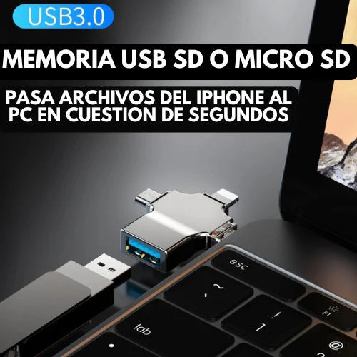 Adaptador OTG 4 en 1 – Transfiere Fotos y Videos al Instante en iPhone, Android y Pc