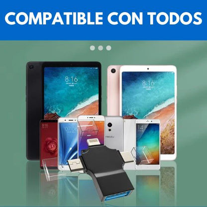 Adaptador OTG 4 en 1 – Transfiere Fotos y Videos al Instante en iPhone, Android y Pc