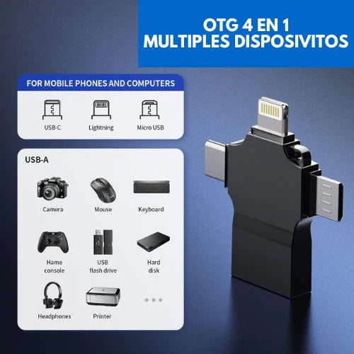 Adaptador OTG 4 en 1 – Transfiere Fotos y Videos al Instante en iPhone, Android y Pc