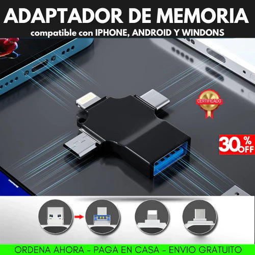 Adaptador OTG 4 en 1 – Transfiere Fotos y Videos al Instante en iPhone, Android y Pc